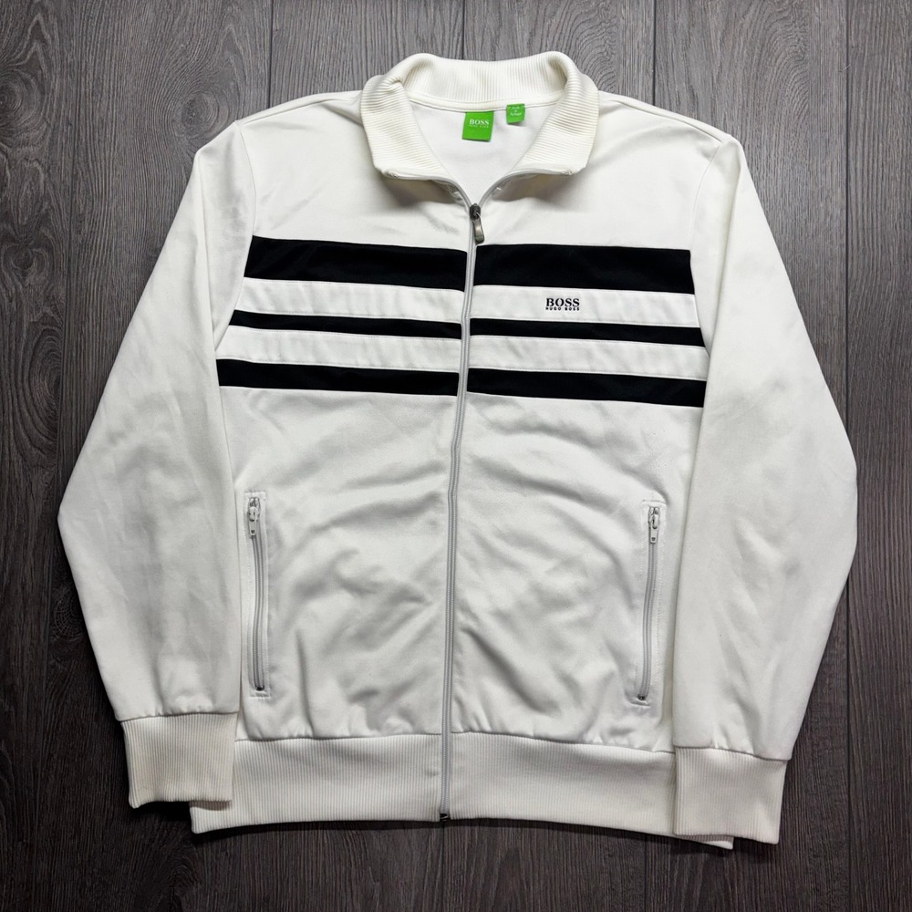 Hugo Boss Green Label Mens XL White Black Striped Full Zip Track Jacket Portugal